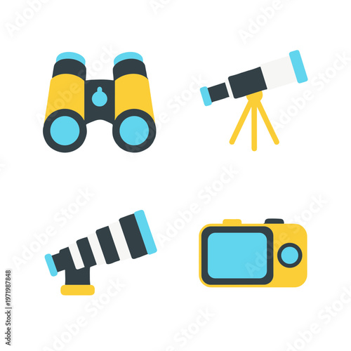 Professional Optical Equipment Set Including Binoculars Telescope and Digital Camera, Outdoor Adventure and Observation Tool Icons on White