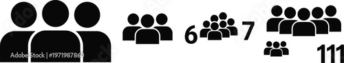 Black vector illustration depicting various group counts and user icons