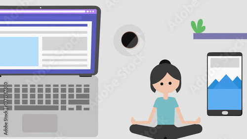 A woman meditates peacefully with a laptop and smartphone nearby on a desk