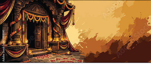 Diwali Temple Doorway Elegantly Decorated with Marigold Garlands and Diyas