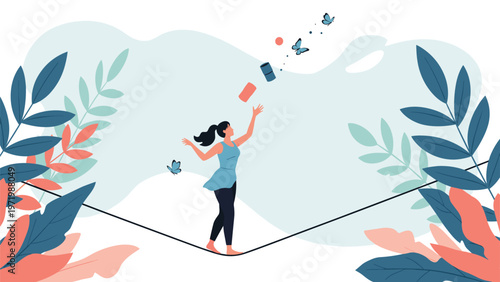 Determined woman carefully balances on a tightrope while juggling various objects among giant leaves and flying butterflies representing work life balance.