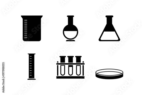 Scientific Laboratory Glassware and Chemistry Equipment Silhouette Icons Set Including Beaker Flask Test Tubes and Petri Dish Vector Symbols