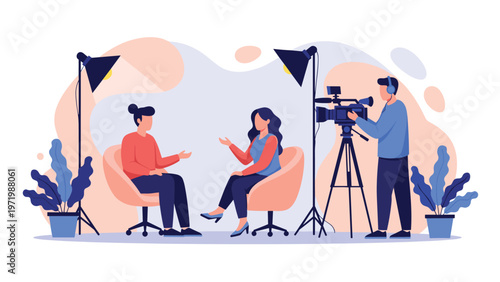 Professional television crew films a live interview between two women in a studio equipped with cameras studio lights and decorative potted plants.