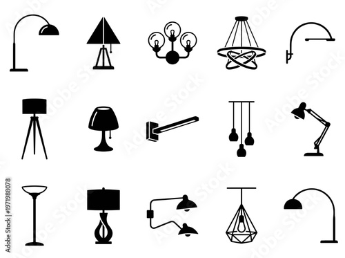 Collection of Modern Interior Lighting Fixtures Icons Set Including Floor Lamps, Chandeliers, Wall Sconces and Desk Lights in Black Solid Vector Style
