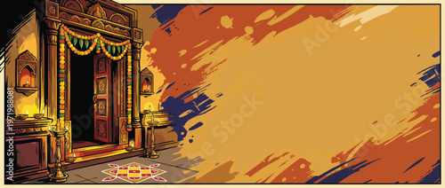 Diwali Temple Doorway with Festive Decorations and Lit Oil Lamps