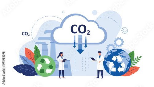 Scientific researchers analyze ecological data and carbon footprints to promote environmental sustainability and global recycling initiatives in a lab.