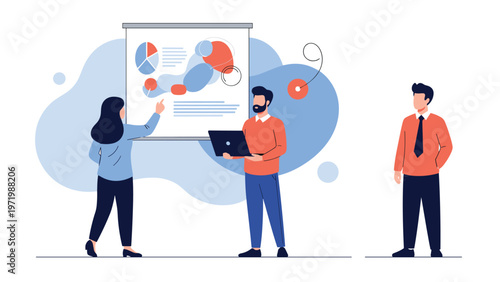 Team of three professionals analyzing data on large presentation board with charts and graphs using laptop and pointers for strategy.