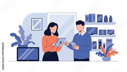 Man and woman in modern tech store or office standing together and discussing information on digital tablets near shelves of gadgets.