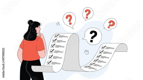 Woman thinking with hand on chin looking at long checklist scroll with question marks in speech bubbles for decision making.