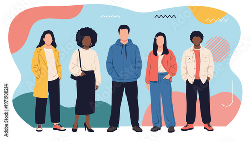 Diverse group of young men and women in casual modern clothing standing together on abstract colorful background showing inclusion.
