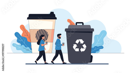Man and woman carrying paper coffee cups walking past giant trash bin with recycling symbol and large coffee cup in background.