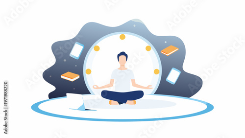 A serene man meditating in a peaceful, modern digital environment with floating icons