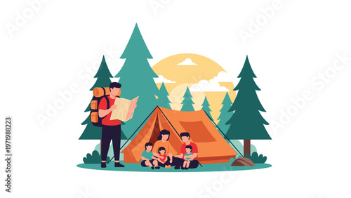 Family with two children sitting near orange tent in pine forest while man with backpack looks at map during camping trip.