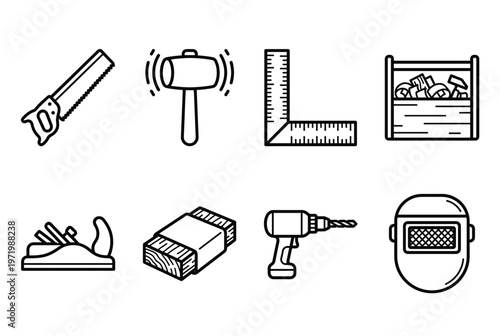 Set of Woodworking Tools Icons Including Hand Saw Mallet Square Ruler Toolbox Wood Plane Lumber Power Drill and Welding Mask Vector