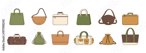 Collection of Various Fashion Handbags and Purses in Flat Design Style Including Tote Bags Shoulder Bags Briefcases and Drawstring Pouches