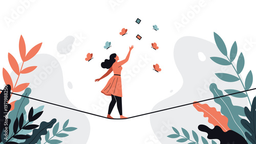 Woman balancing on tightrope surrounded by colorful butterflies and plants symbolizing life balance and overcoming challenges.