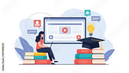 Woman studying with laptop sitting on stack of books next to giant screen with video play icons and graduation cap for e learning.