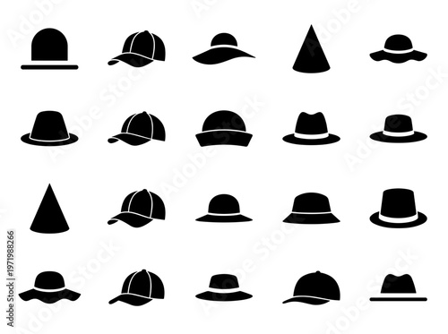 Large Set of Various Hat Silhouettes Including Fedora Baseball Cap Sun Hat Beanie and Party Hat Icons Isolated on White Background Vector