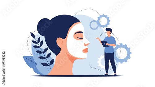 Portrait of woman with white facial cosmetic mask on her face and professional specialist giving consultation for skin care.