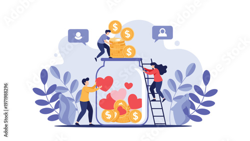 People putting gold coins and red hearts into large glass jar symbolizing charity donation and social support for community.