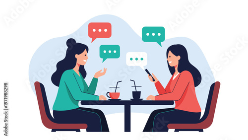 Two young women having friendly conversation at cafe table with coffee cups and speech bubbles on light blue background.