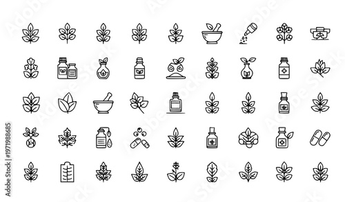 Modern herbal medicine icon set with 50 minimal line icons of plants remedies and wellness tools vector illustration