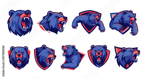 Aggressive Bear Head Logos, Sports Mascots, Emblem Shield Designs