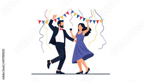 Happy couple in elegant formal attire enjoys dancing together at a festive party decorated with colorful streamers confetti and celebratory banners.