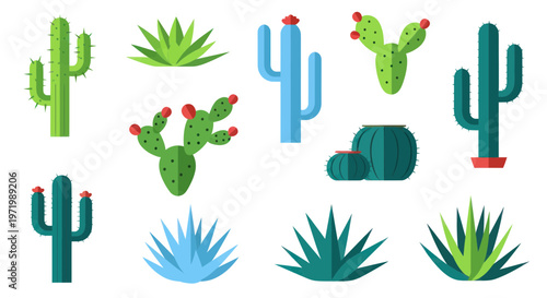 Desert Cactus and Agave Plants Collection - Flat Design Vector Icons
