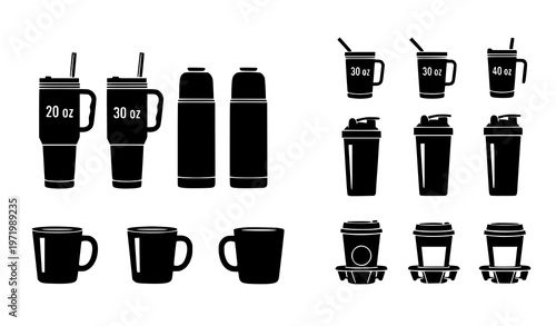Drinkware set with thermo cups tumblers shaker bottles and paper coffee cups black silhouette vector illustration