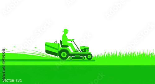 Gardener driving a tractor mower, cutting grass in a park, vector illustration