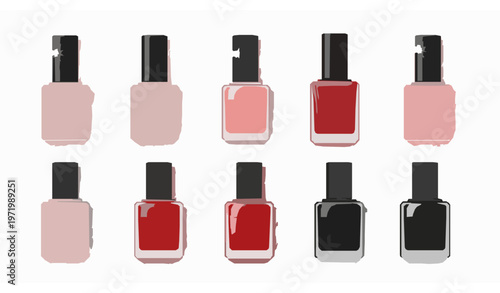 Realistic nail polish bottles set with nude pink red and black gel lacquer vector mockup illustration