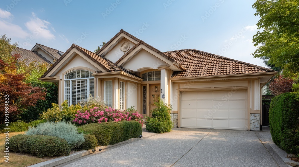 Fototapeta premium Charming Single-Family Home with Beautiful Landscaping and Inviting Entrance in a Residential Neighborhood