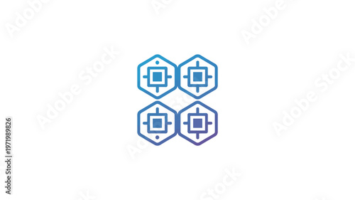 Abstract geometric logo design featuring four interconnected hexagonal shapes with blue to purple gradient