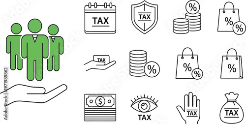 Set of black and green vector icons representing various financial tax concepts