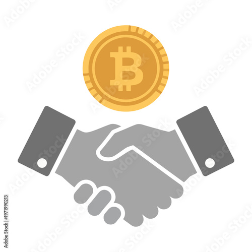 Handshake with a vector bitcoin symbol hovering above it in an agreement