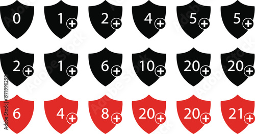 Vector graphic illustration of security shield icons with numeric values