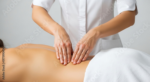 Therapist massaging lower back of client on massage table, close-up