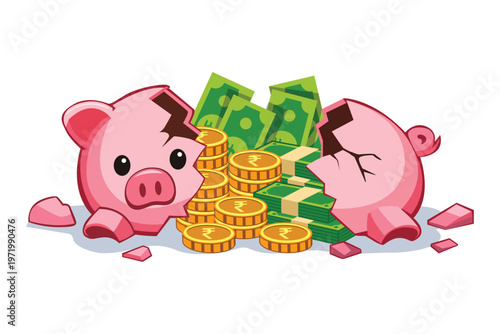 Two broken piggy banks with rupee coins and currency bundles representing savings and spending