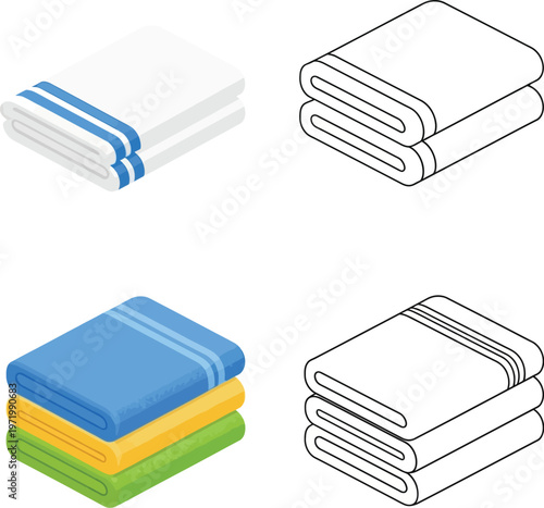 Isometric vector graphic set of folded colorful bath towels and outlines