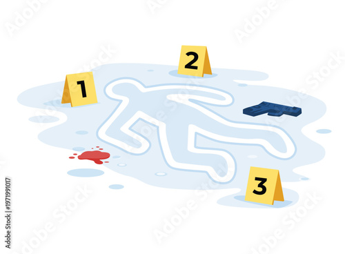 Crime scene chalk outline with bloodstain handgun and evidence markers
