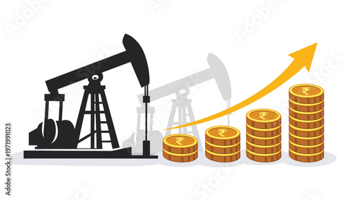 Oil pump jack with ascending stacks of rupee coins and a yellow upward arrow 