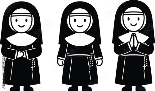 Three friendly vector illustration of catholic nuns in various poses
