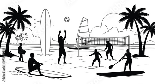 Beach scene with people sports equipment and palm trees a silhouette