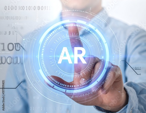 Person touching an AR interface with binary code overlay