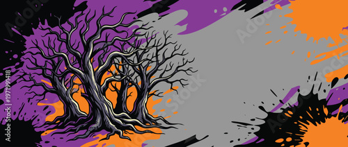 Halloween Bare Twisted Trees Illustration with Splatter Background