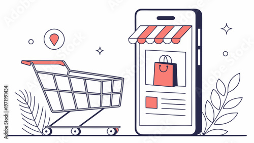 Mobile Online Shopping and E-commerce Concept with Smartphone and Shopping Cart Line Art Illustration