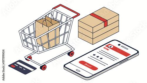 Isometric Online Shopping and E-commerce Concept with Shopping Cart, Delivery Boxes, Mobile App, and Credit Card