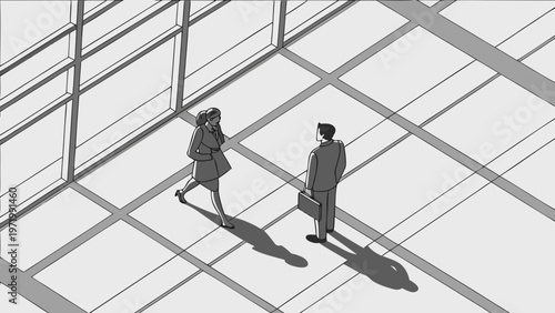 Business Encounter in Gridded Sunlight: Monochrome Illustration of Two Professionals in a Modern Hallway