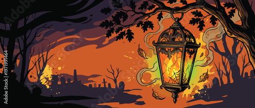 Halloween Bat Inspired Lantern Hanging Cemetery Orange Spooky Night Forest